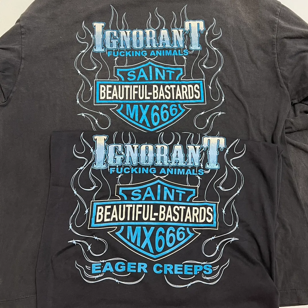 Printing proofing SAINT Mxxxxxx LS TEE/BTFL BASTARS/BLK flame dice distressed retro long sleeves washed black S-XL